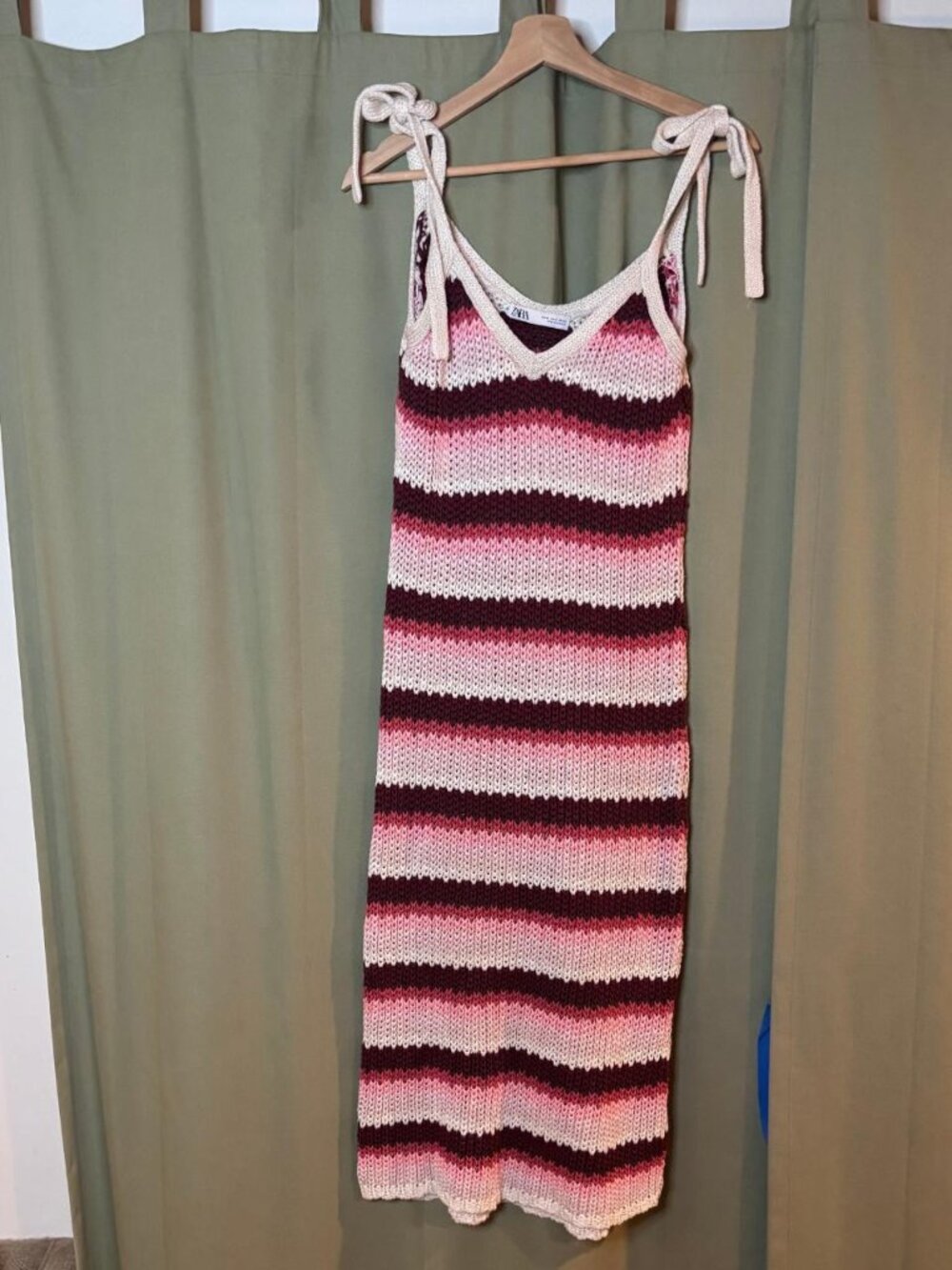 Zara Striped Chunky Knit Midi Dress Cream Pink Burgundy Size M